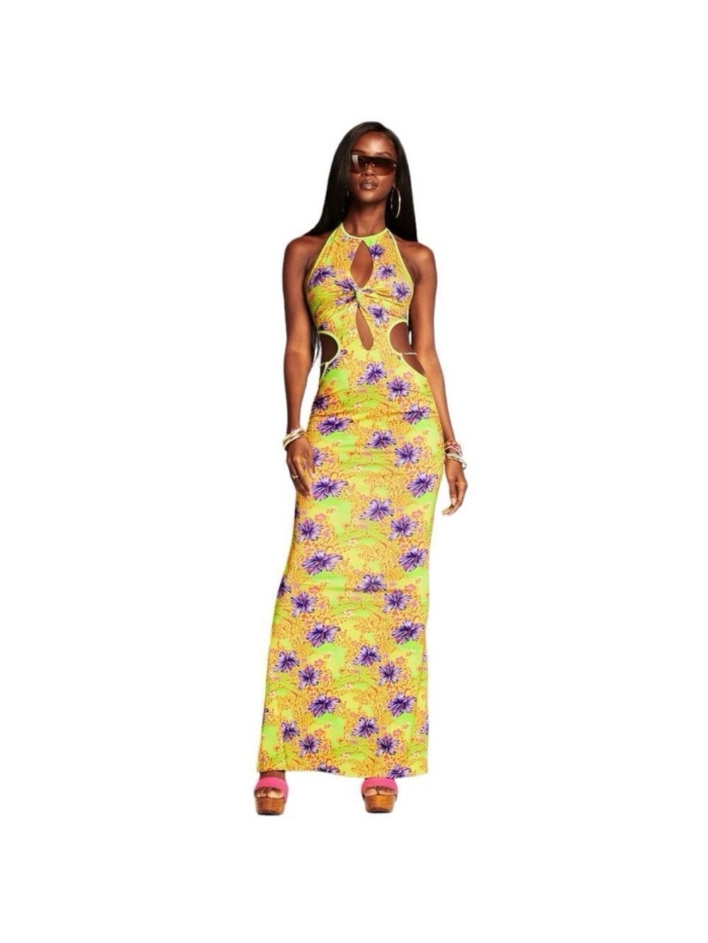 I.AM.GIA Yellow Halter Maxi Dress with Purple Floral Print